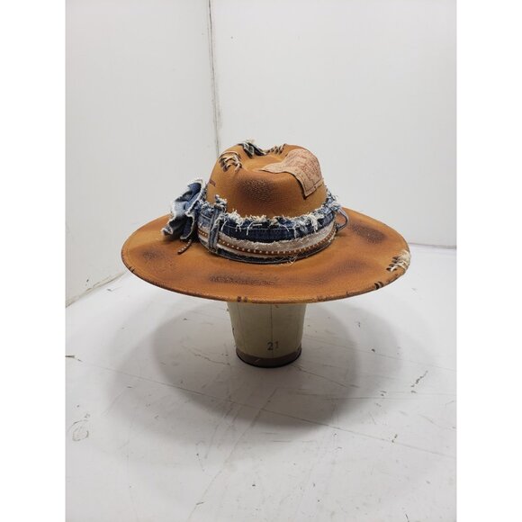 Distressed Western Cowgirl Hat W/ Denim Trim & Custom Stitching Boho Look